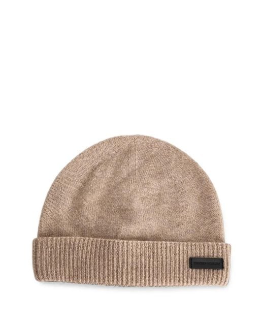 Emporio Armani Natural Logo-Patch Ribbed-Trim Beanie Hat for men
