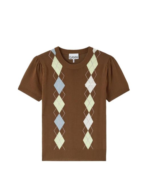 Ganni Brown Argyle-Pattern Puff-Sleeve T-Shirt