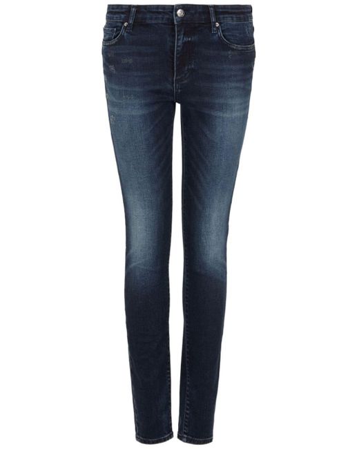 Armani Exchange Blue Logo-appliqué Whiskering-effect Skinny-cut Jeans