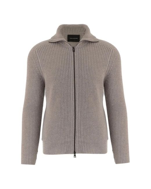 Tagliatore Gray Ribbed-Knit Zip-Up Sweater for men