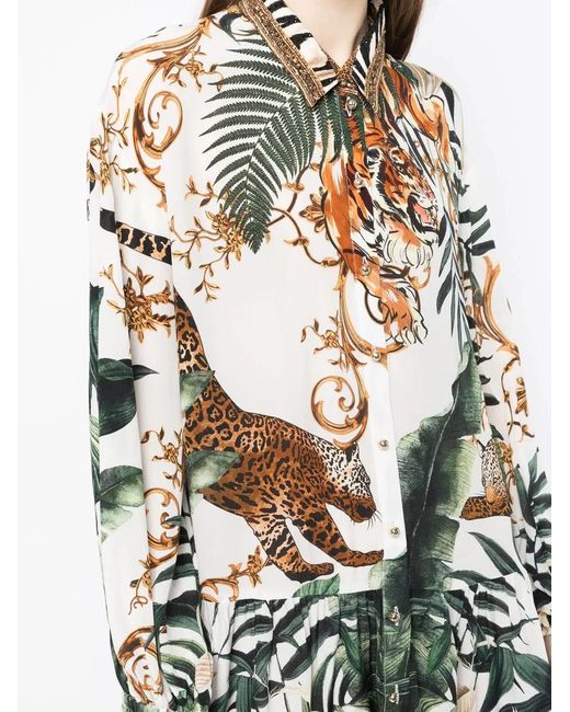 Camilla White Tiger-Print Tiered Shirtdress