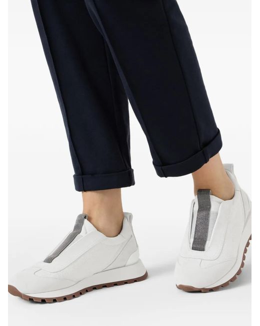 Brunello Cucinelli White Canvas Monili-Detail Sneakers