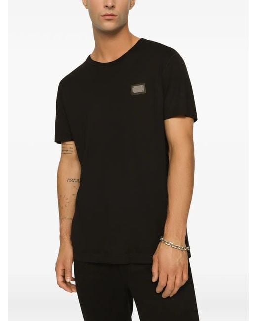 Dolce & Gabbana Black Cotton T-Shirt With Branded Tag for men