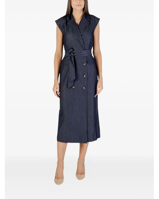 Ichi Blue Midi Double-Breasted Belted Dress
