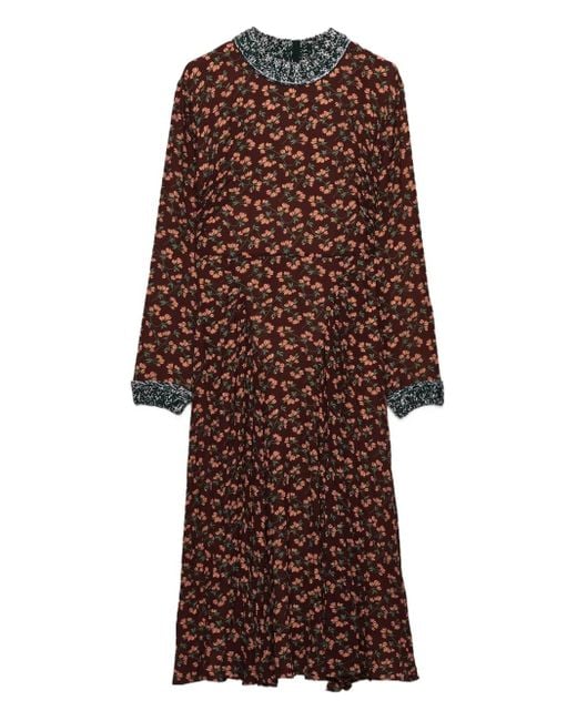 Prada フローラル ニットトリム プリーツドレス Brown