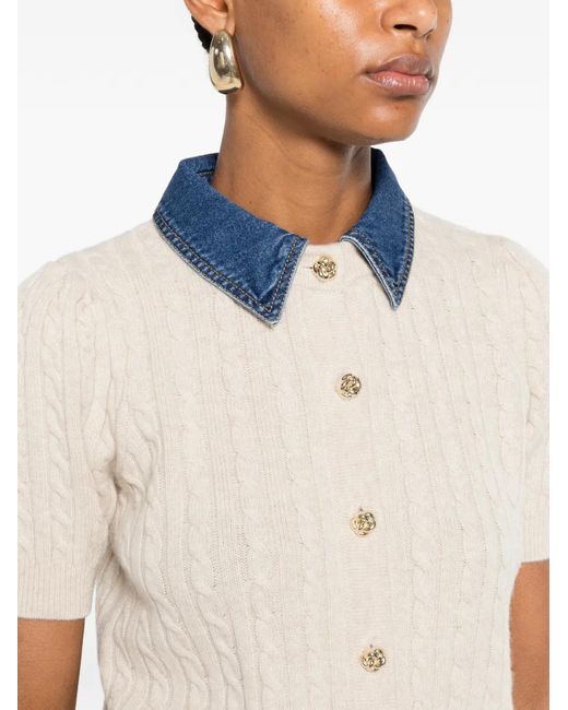 Sandro White Cable-Knit Denim-Collar Cardigan