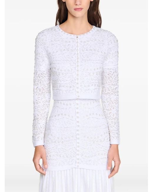 Sandro White Pearl-Embellished Cropped Cardigan