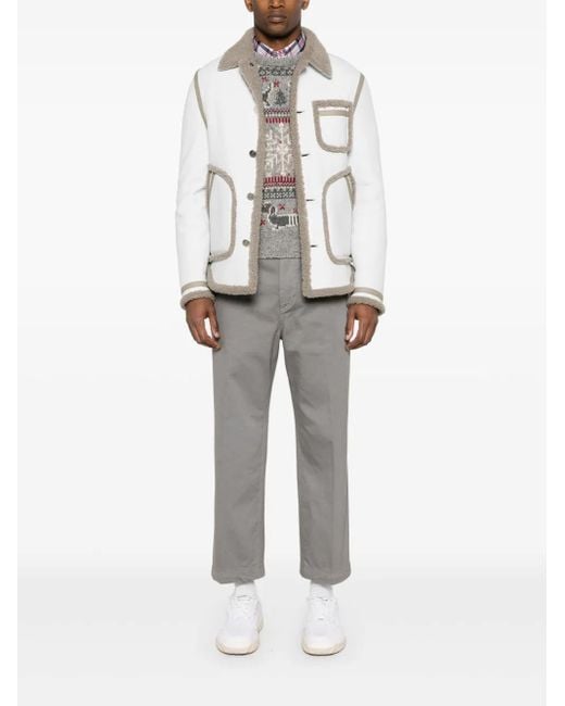 Thom Browne White Shearling-Trim Leather Jacket for men