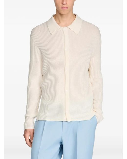 Sandro White Cardigan Nervuré À Col Chemise for men