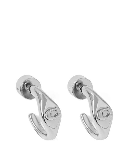 COACH White Logo-Plaque Hoop Earrings