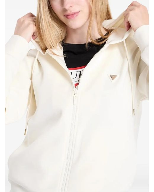 Guess White Hoodie Zippé À Plaque Logo