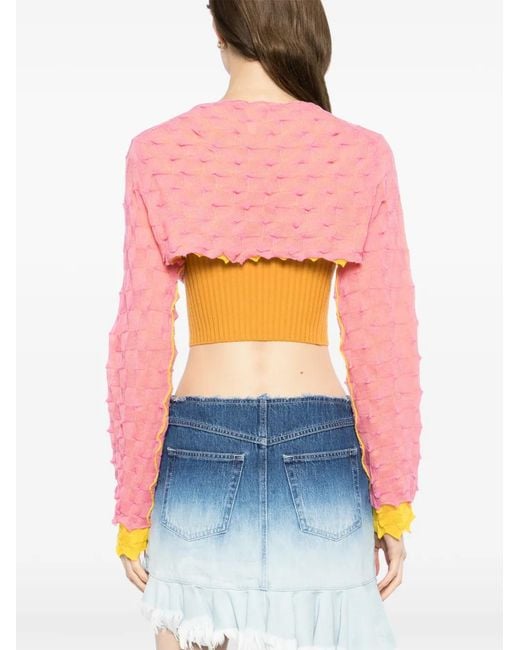 YANYAN KNITS Pink Crop Floral Appliqué Cardigan