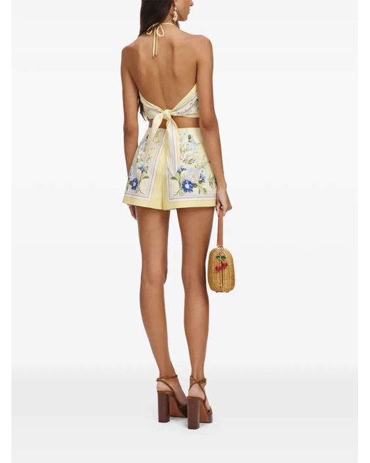 Self-Portrait Yellow Linen Mini Shorts With Back Zip Closure