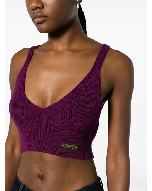 DSquared² Purple Logo-Patch Wool Crop Top