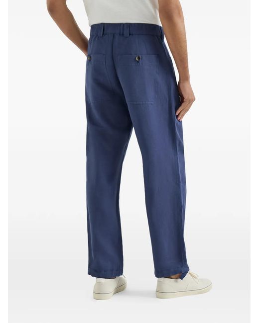 Brunello Cucinelli Blue Linen And Cotton Drill Trousers With Patch Pockets And Drawstring for men