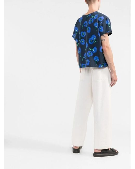 KENZO Blue Floral-Print Cotton T-Shirt for men