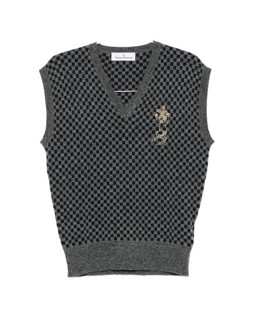 Vivienne Westwood Black Checkerboard-Knit Orb-Embroidered Sleeveless Sweater for men