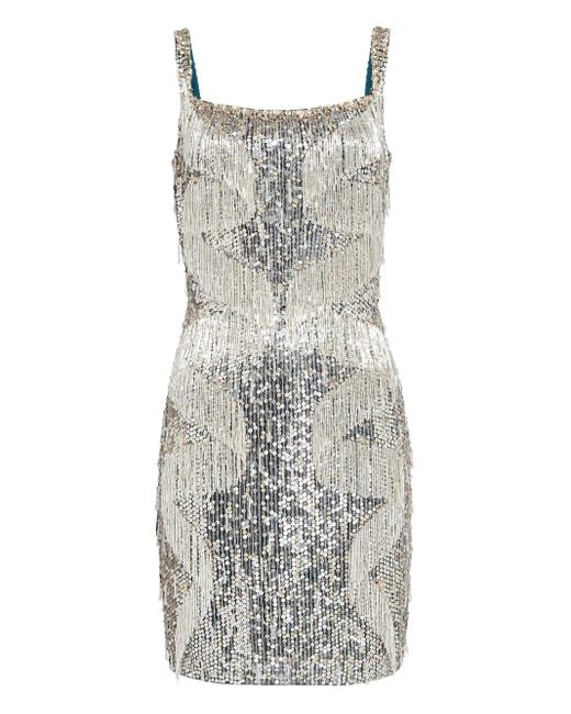 Jenny Packham Gray Tina Sequin Fringe Mini Dress