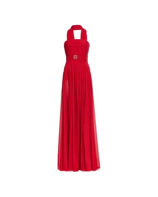 Elie Saab Red Ruched Silk Maxi Dress