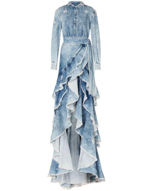 Moschino Denim Maxi-jurk Met Ruches in het Blue