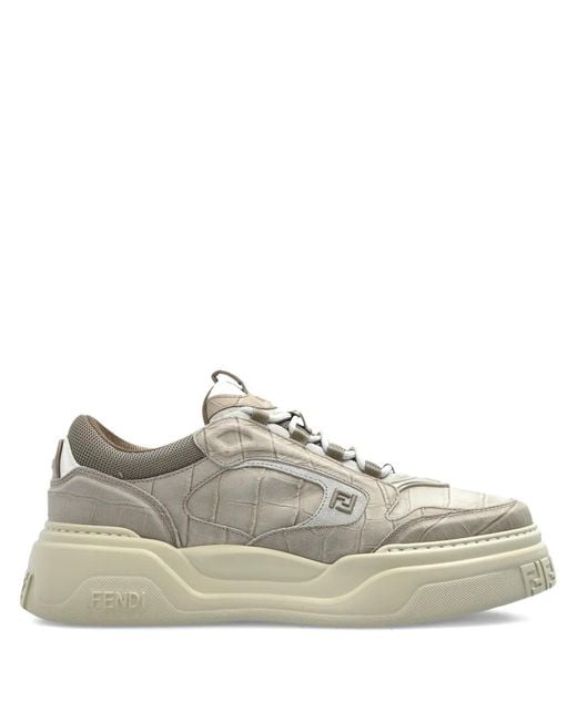 Fendi White Force Crocodile-Effect Logo-Detail Sneakers for men