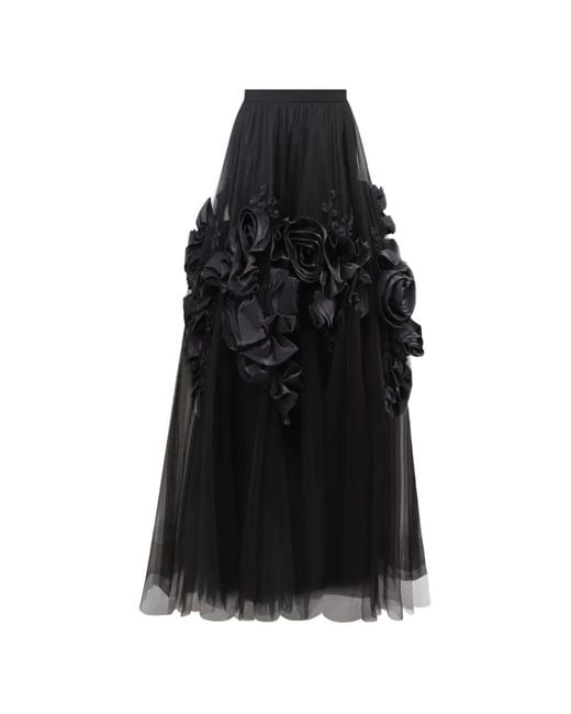 Gemy Maalouf Black Floral-Appliqué Tulle Midi Skirt