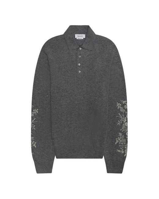 McQueen Gray Embroidered Long-Sleeve Polo Shirt for men