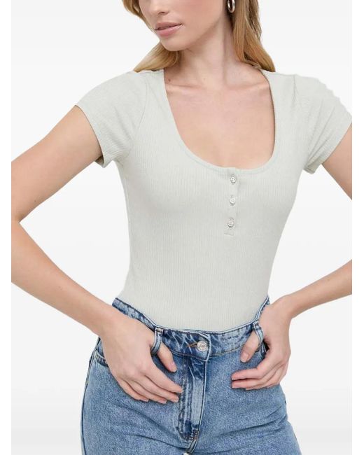 Guess Blue Ribbed-Knit Crystal-Embellished T-Shirt