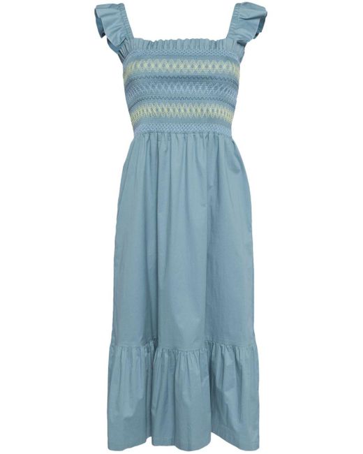 PS by Paul Smith Blue Embroidered Shirred Midi Dress
