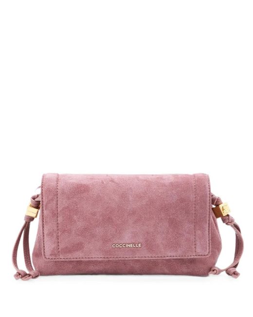 Coccinelle Pink Mini Thess Logo-Lettering Suede Shoulder Bag