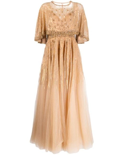 Jenny Packham Natural Parisa Cape-effect Embellished Glittered Tulle Gown