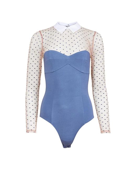 Fleur du Mal Blue Collared Dotted Tulle Bodysuit