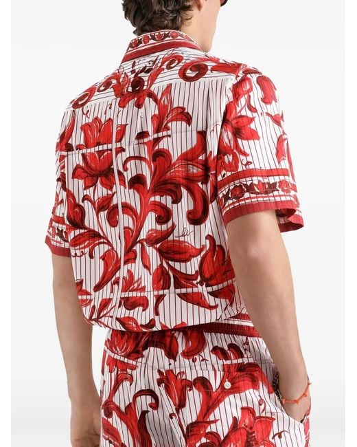 Dolce & Gabbana Red Majolica-Print Striped Poplin Hawaii Shirt for men