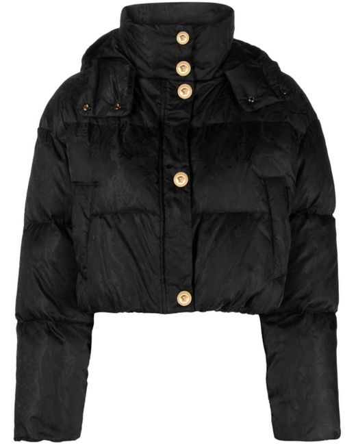 Versace Black Barocco-jacquard Cropped Puffer Jacket