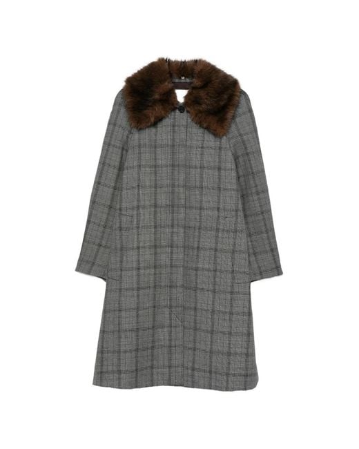 Tela Gray Check Faux-Fur Collar Coat