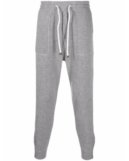 Brunello Cucinelli Gray Ribbed-Knit Cashmere Sweatpants for men