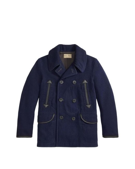 RRL Blue Double-Breasted Leather-Trimmed Coat for men