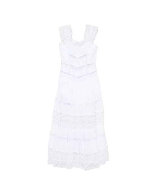 Charo Ruiz White Robe Mi-Longue Amaira À Volants Superposés Et Empiècements En Dentelle