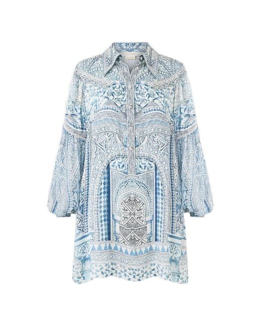 Camilla Blue The Hum Of The Alhambra Blouson-Sleeve Shirt Mini Dress