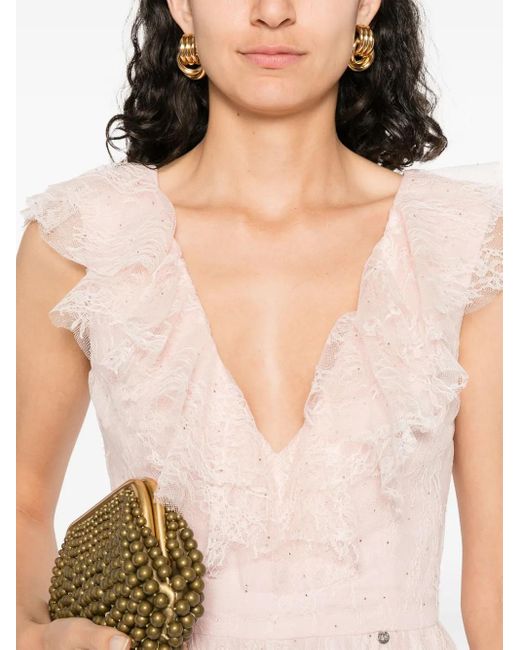 Nissa Pink Rhinestone-Embellished Lace Mini Dress