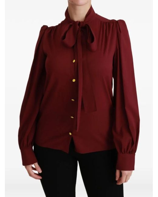 Dolce & Gabbana Red Bow-Tie Puff-Sleeve Blouse