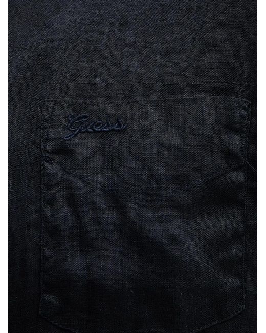 Guess Black Embroidered-Pocket Linen Shirt for men