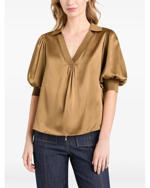 Cinq À Sept Brown Weldon Collared V-Neck Short-Sleeve Silk Combo Top