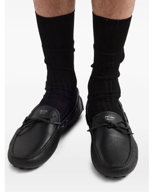 Prada Black Printed-Logo Leather Boat Shoes for men