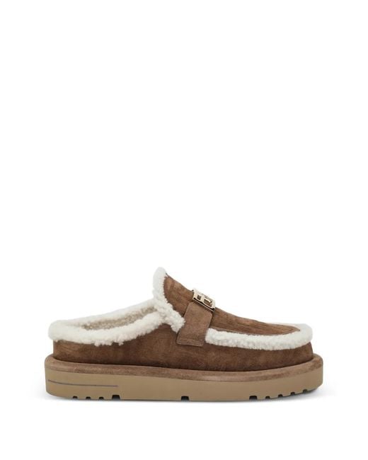 Fendi Brown Mules À Bords En Peau Lainée Ff