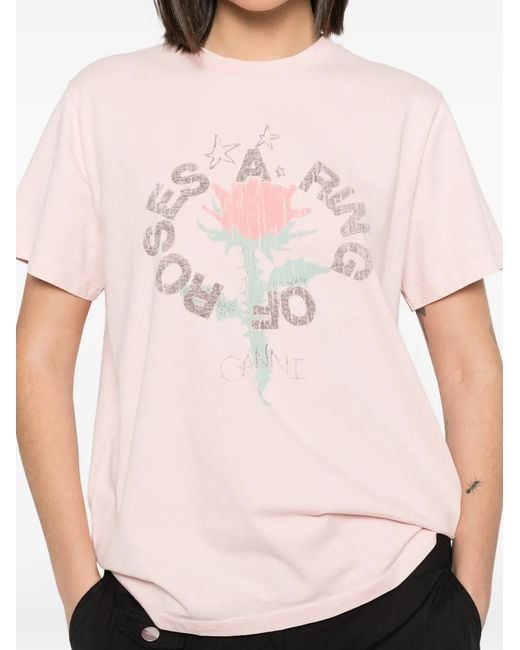 Ganni Pink Floral-Print Round-Neck Recycled Cotton Organic Cotton T-Shirt