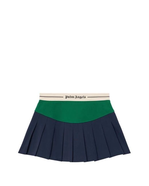Palm Angels Green Logo-Curved Pleated Mini Skirt