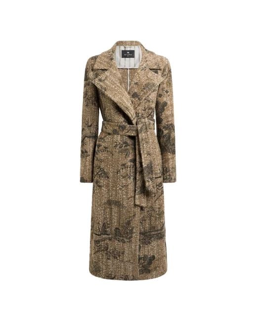 Etro Natural Bouclé Wrap Coat With Flower And Animal Motif