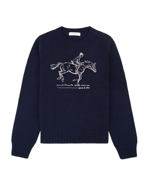 Sporty & Rich Blue Equestrian-Embroidered Crew-Neck Sweater