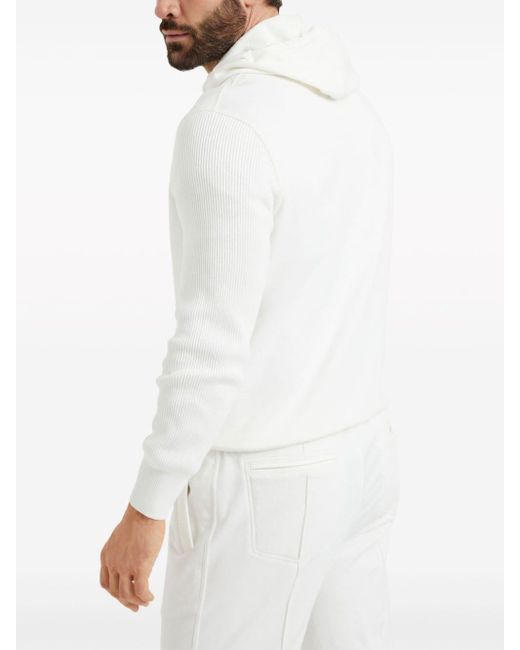 Brunello Cucinelli White Ribbed-sleeve Cotton Hoodie for men